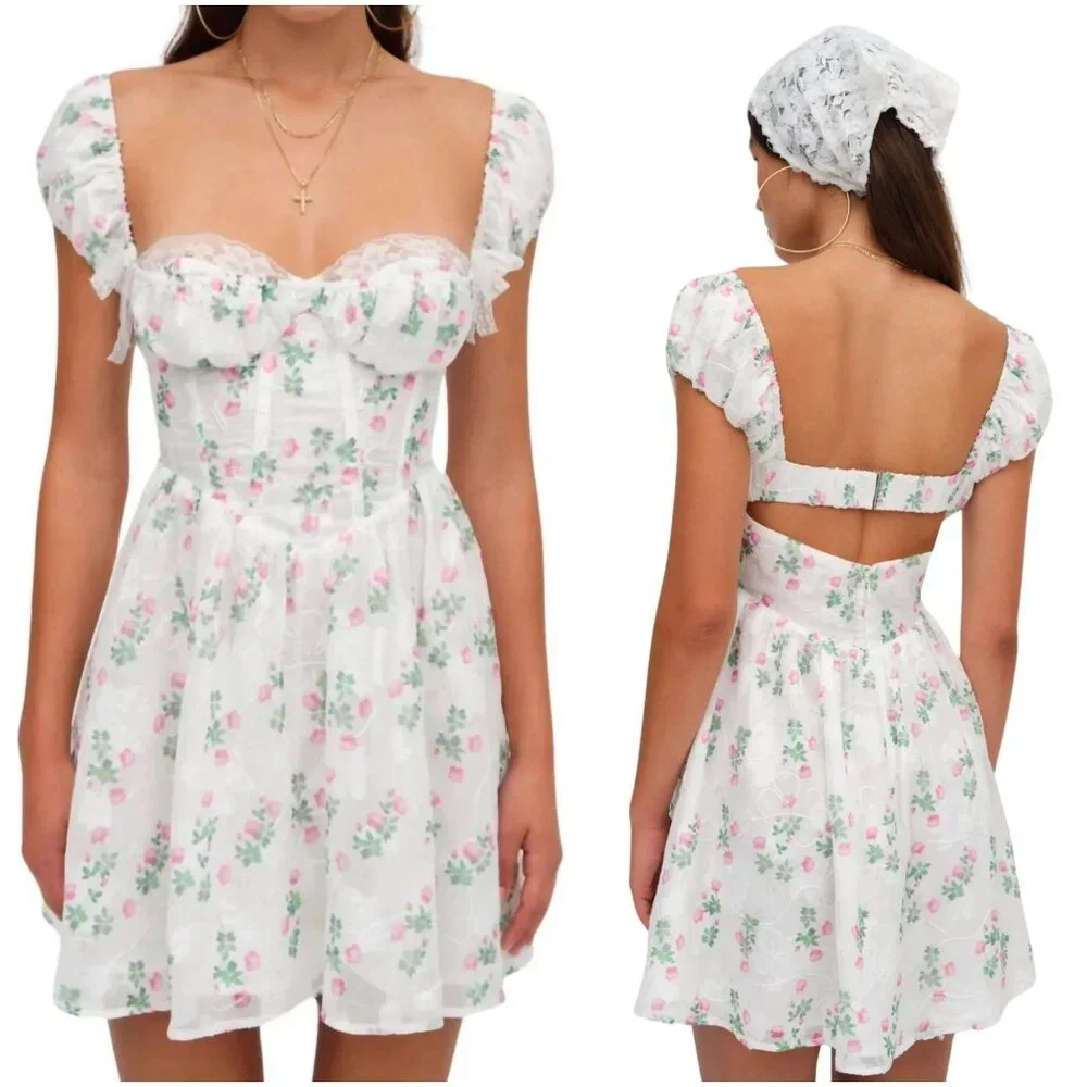 NWT For Love And Lemons Remi Mini Dress S small white pink floral corset basque